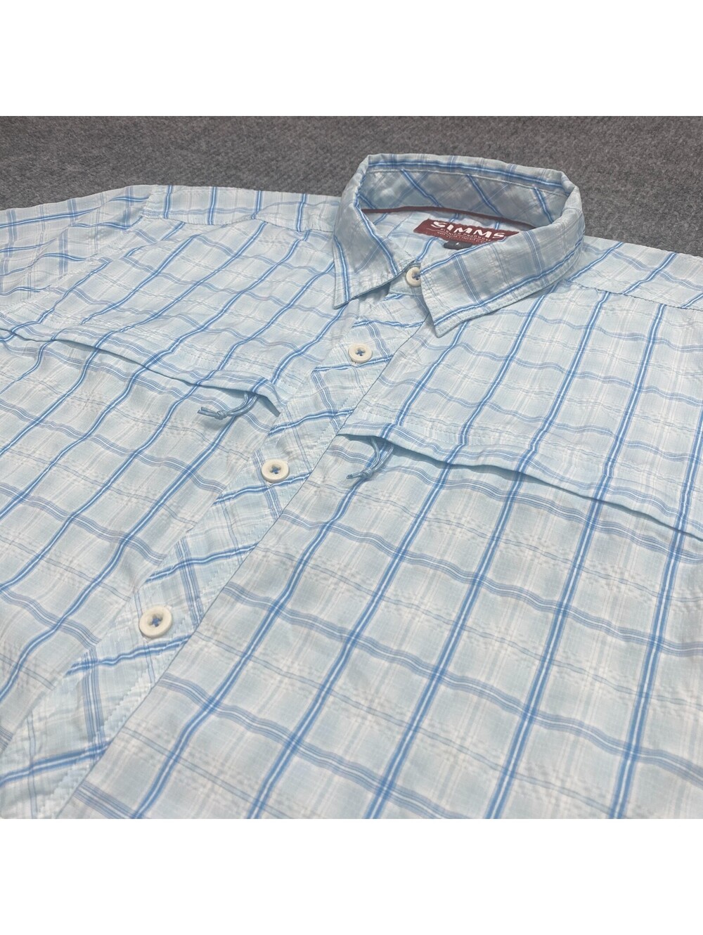 Simms Stone Cold Short Sleeve Shirt Mens Sz L Blue White Plaid Pockets Button Up